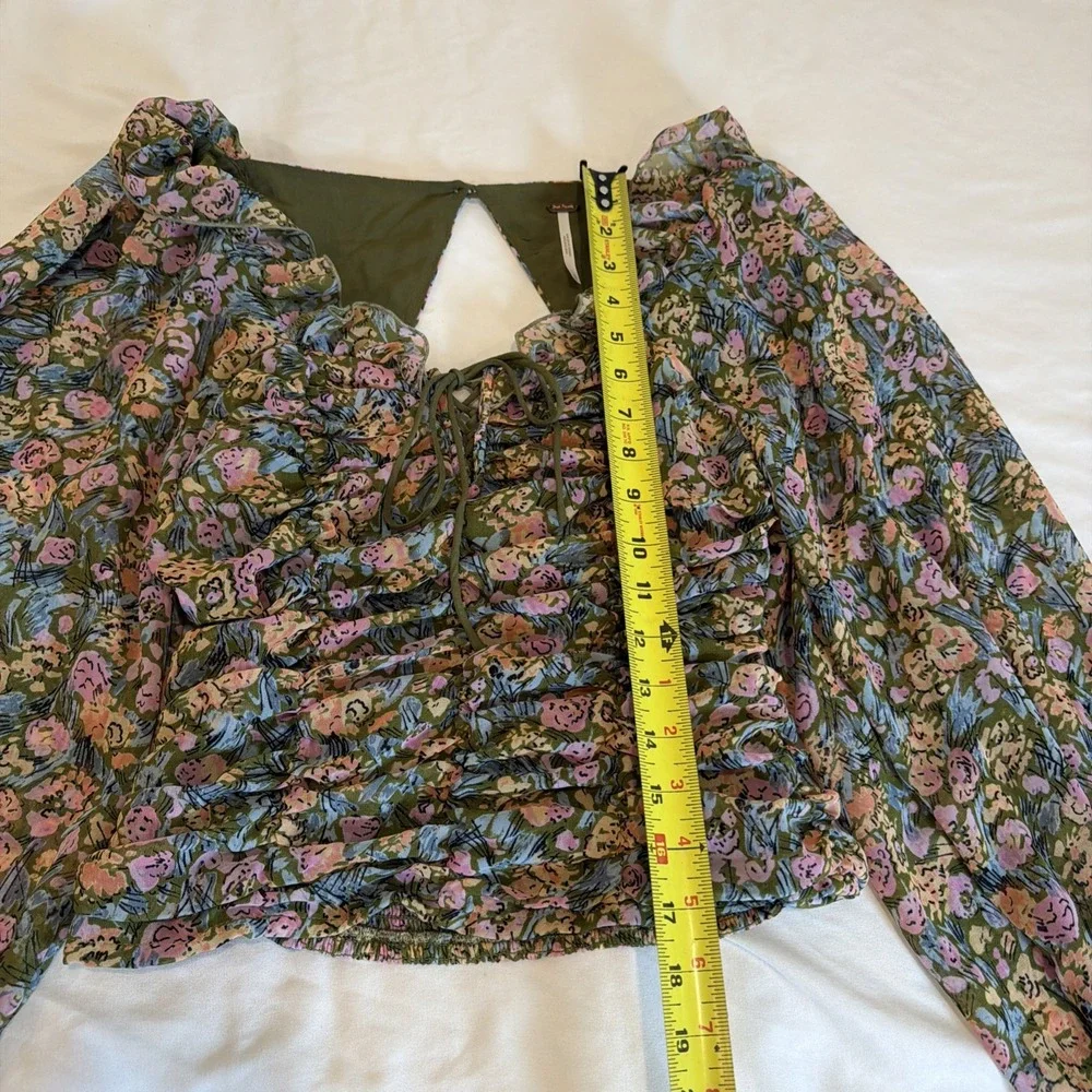 Free People Shirt Womens XS Green Floral Smocked Mabel Puff Sleeve‎ Boho Top